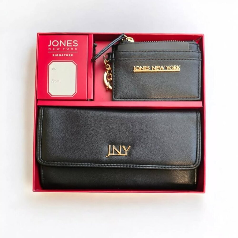 NEW Jones New York Black Wallet Clutch & Keychain Card Holder Set Change Purse